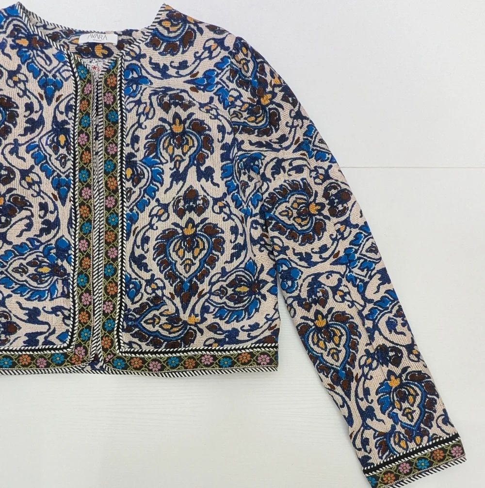 Avara Natasha Jacket Blue White Retro Inspired Cropped Snap Button Embroidery M - Picture 6 of 11